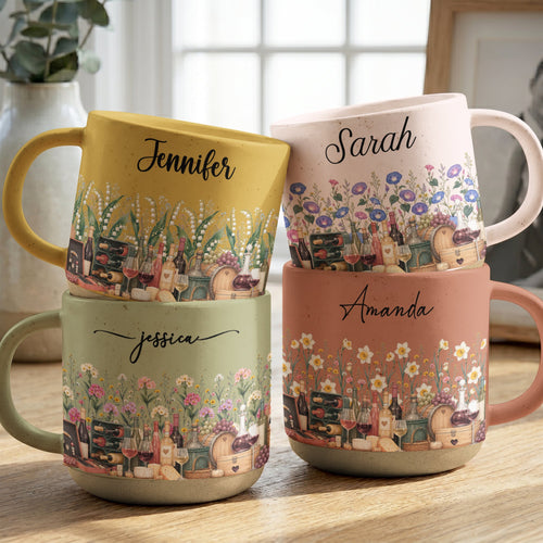 Custom Birth Flower & Name Pottery Mug - Gift For Wine Lovers - Personalized Mug