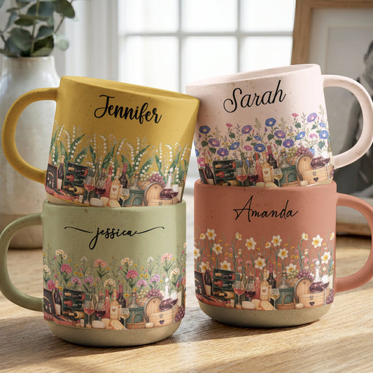 Custom Birth Flower & Name Pottery Mug - Gift For Wine Lovers - Personalized Mug