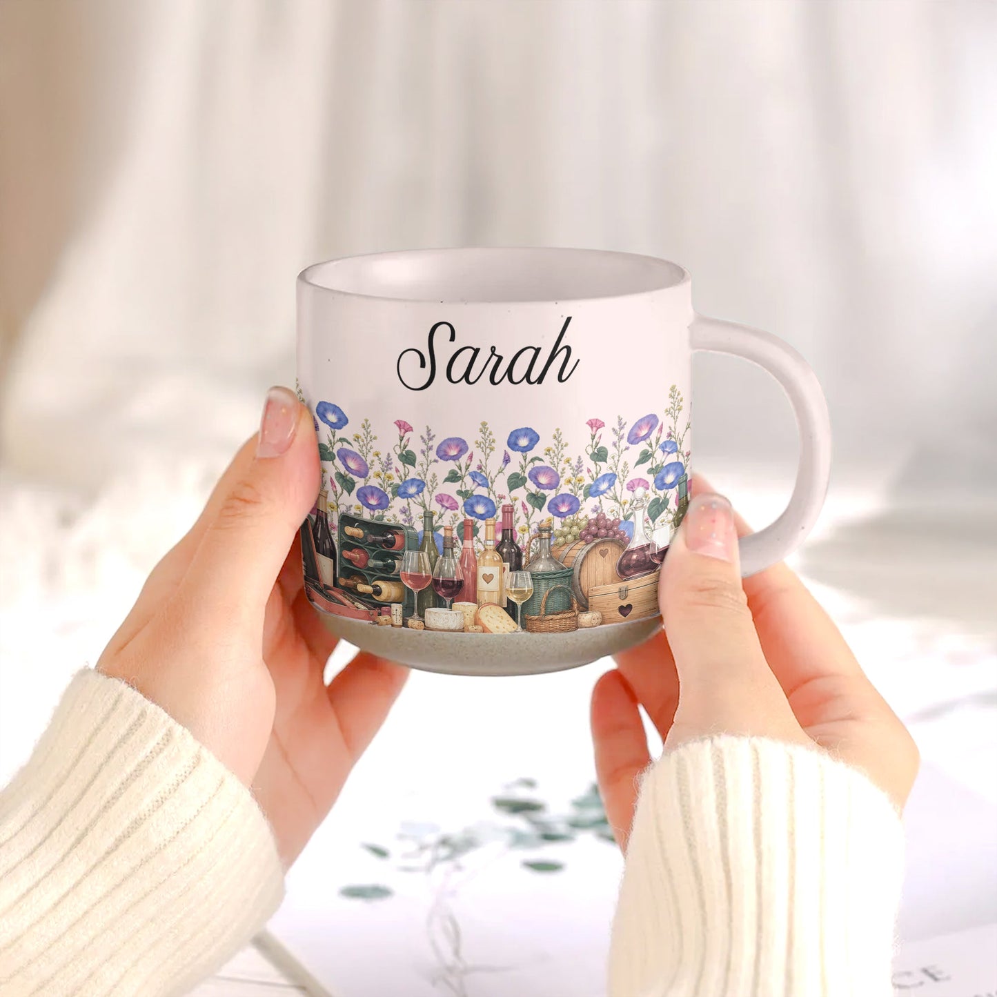 Custom Birth Flower & Name Pottery Mug - Gift For Wine Lovers - Personalized Mug