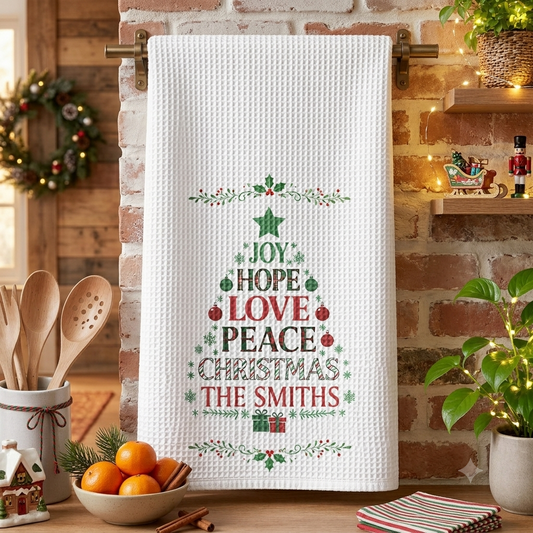 Joy Hope Love Peace Christmas Family - Personalized Kitchen Towel